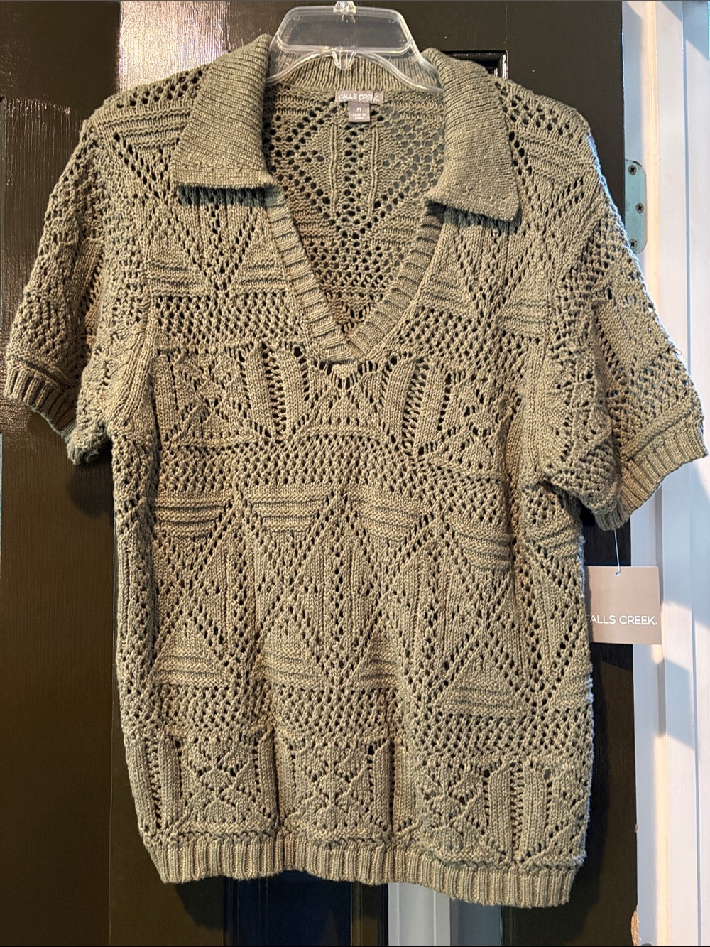 Falls Creek Olive Green Open-Knit Collared V-Neck Sweater